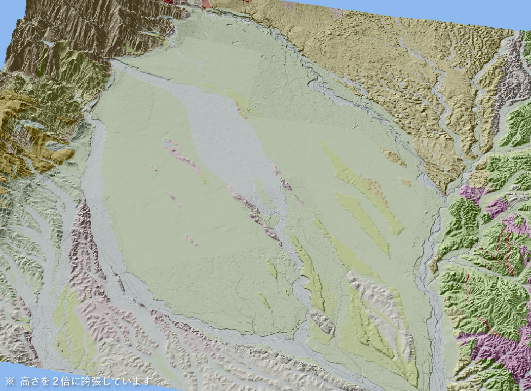 那須野原扇状地とその周辺の3D地質図。南東寄りの上空から見下ろす鳥瞰イメージ図。 (1/2)