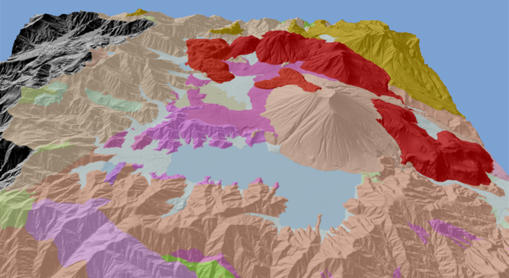 日光火山群とその周辺の3D地質図。南側上空からの鳥瞰イメージ図。画像をクリックすると説明の有無が変更可能。 (1/2)