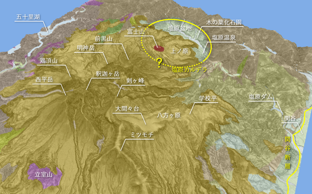 高原火山群とその周辺の3D地質図。南東側上空からの鳥瞰イメージ図。高原火山群には多数のピークがあり、それぞれ別の溶岩からできています。全体の中では富士山だけがひときわ新しい火山で、地質図上でも区別されています。 (2/2)